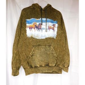 Acid Washed Art Hoodie Sweatshirt Horses in Snow Graphic Artist Persis Weirs